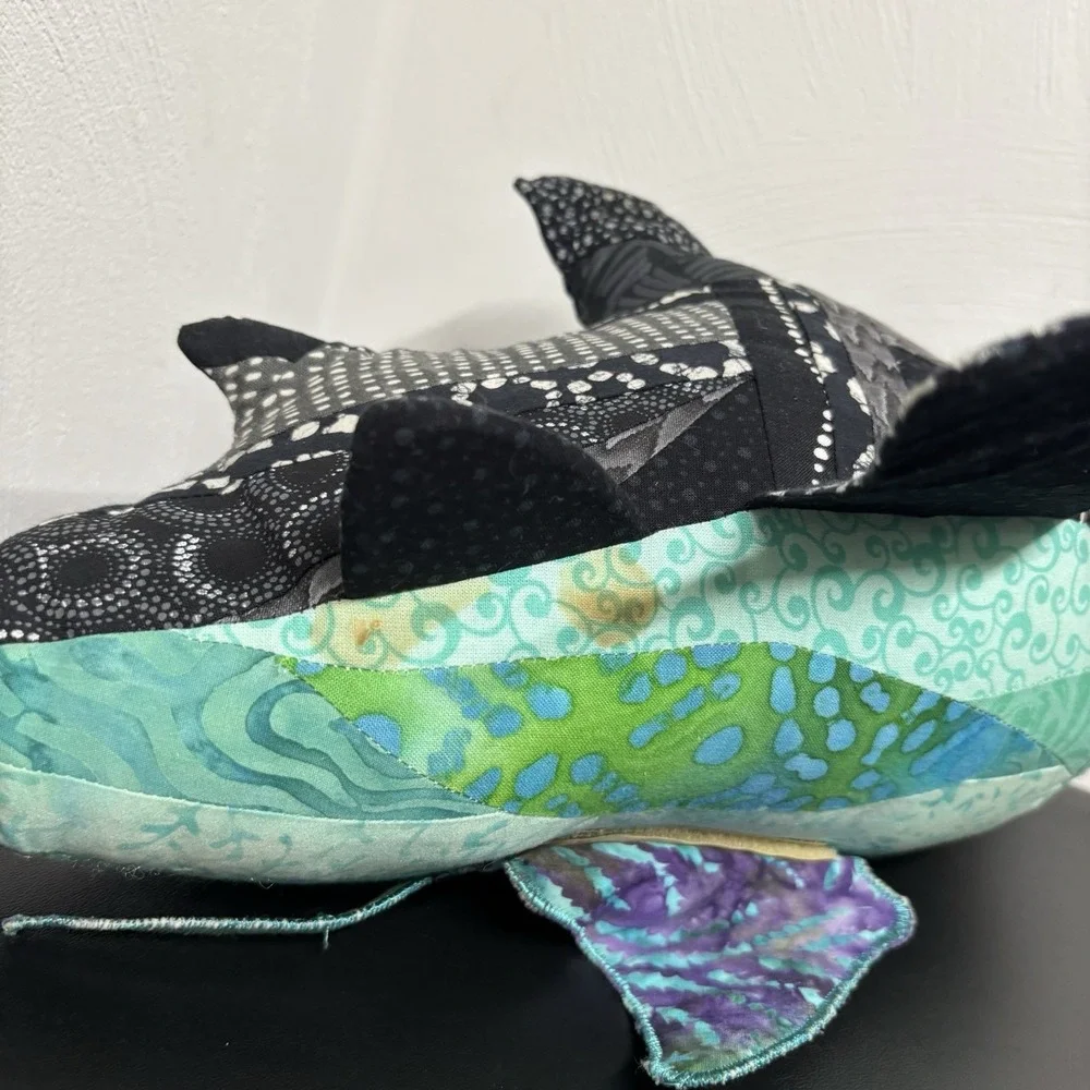 Handmade Fabric Shark Plush Collectible‎ Textile Abstract 16x8 Black Teal Art